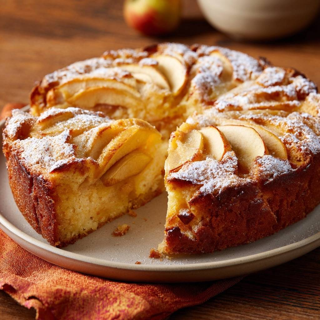 Saftiger Apfelkuchen angeschnitten, der eine saftige Kuchenkrume mit geschichteten Apfelscheiben offenbart.