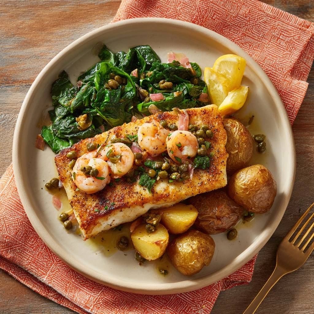 Saftiger Fisch mit Garnelen, Kapern und Spinat, serviert auf einem Teller mit Kartoffeln und Zitrone.