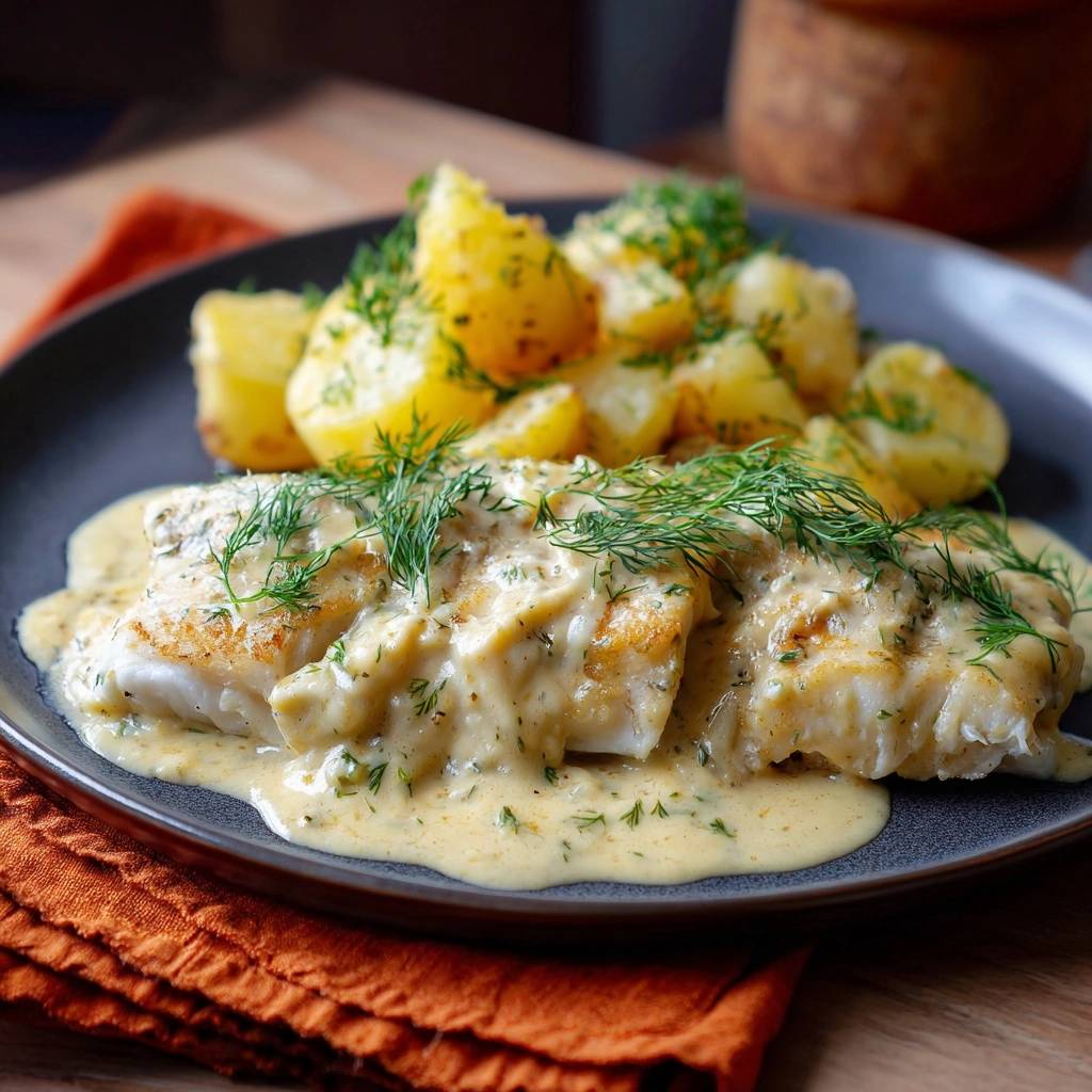 Saftiger Kabeljau mit Dill-Sahnesoße und Kartoffelpüree, serviert auf einem Teller mit einer Nahaufnahme der cremigen Soße.