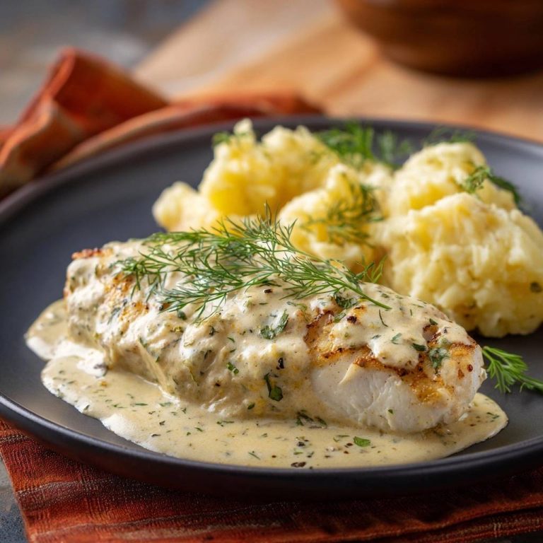Saftiger Kabeljau mit Dill-Sahnesoße und Kartoffelpüree, serviert auf einem schwarzen Teller mit Dill garniert.