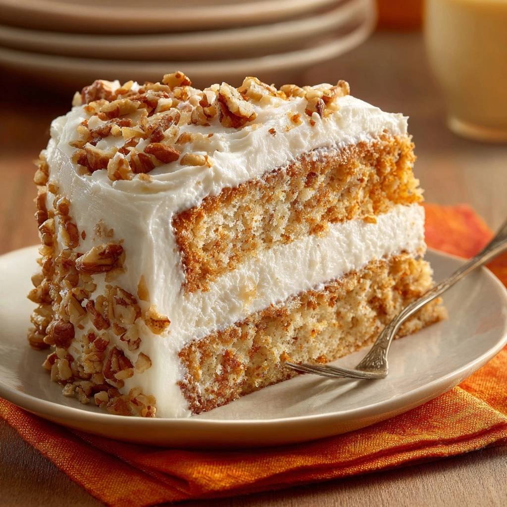 Saftiger Karottenkuchen mit Frischkäse-Creme, ein angeschnittenes Stück auf einem Teller mit gehackten Nüssen bestreut.