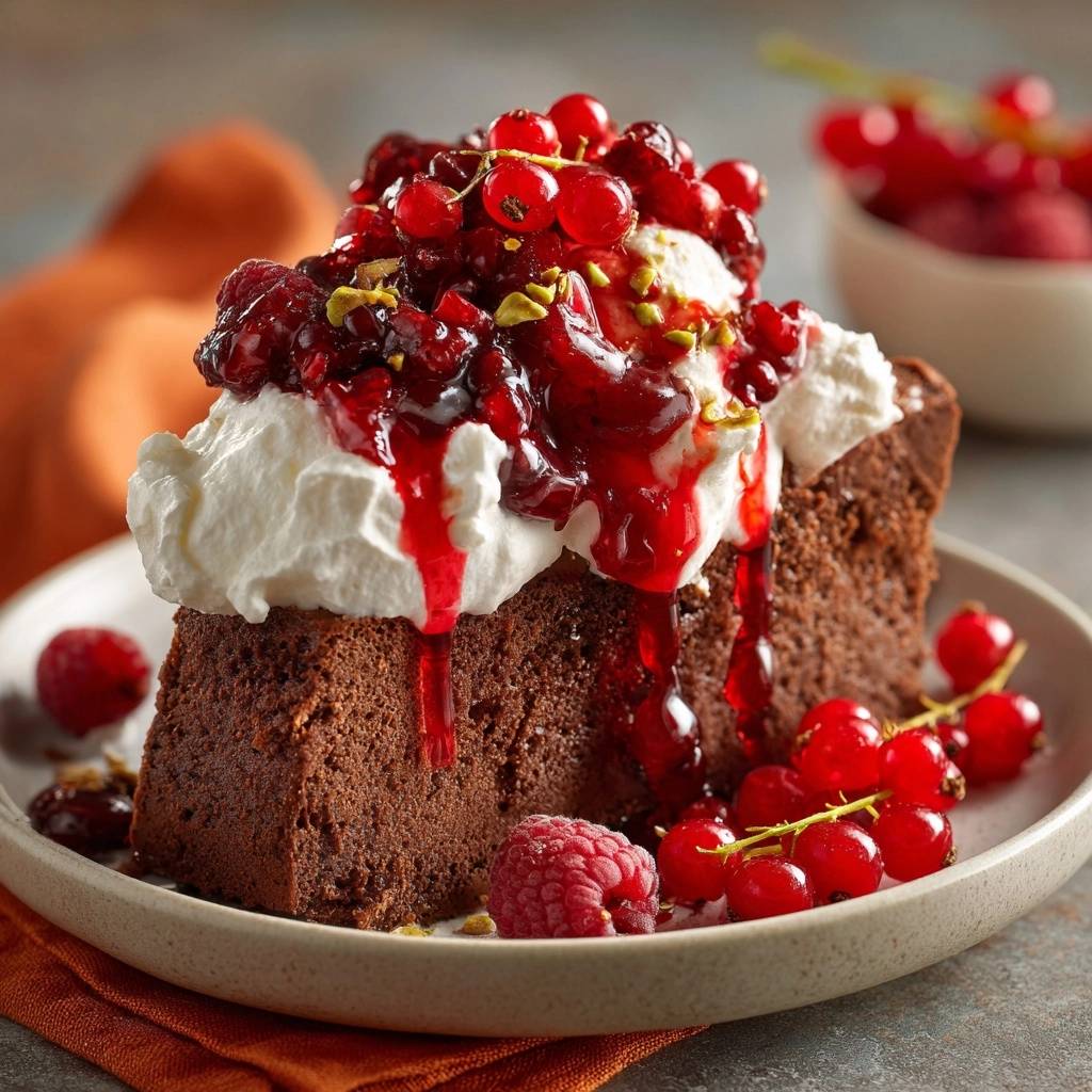 Saftiger Schokoladenkuchen mit Beerenkompott und Sahne, angeschnitten und mit frischen Beeren garniert auf einem Teller.