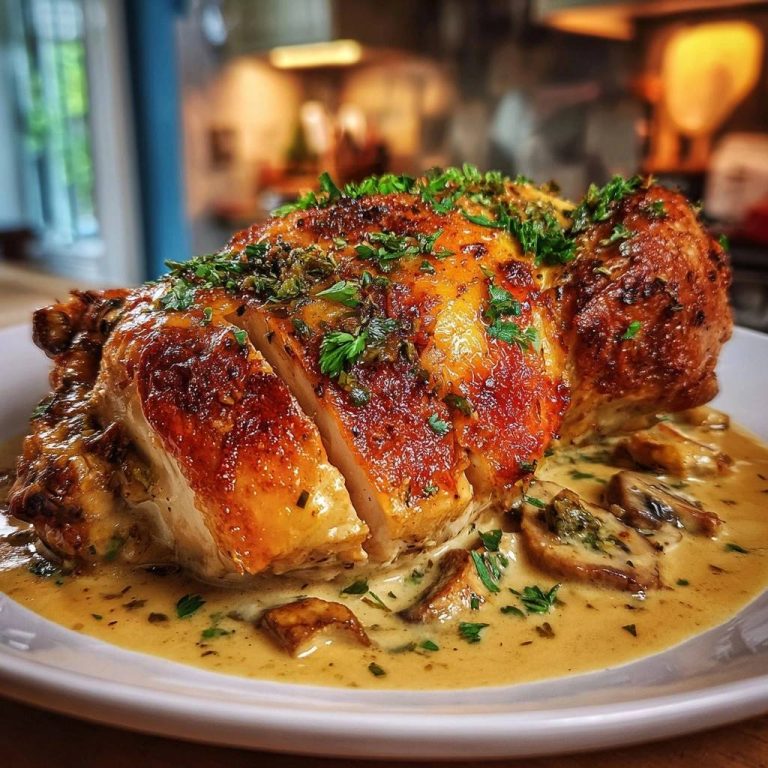 Saftiges Hähnchen mit cremiger Pilzsoße, angeschnitten und nah aufgenommen, mit frischer Petersilie garniert.
