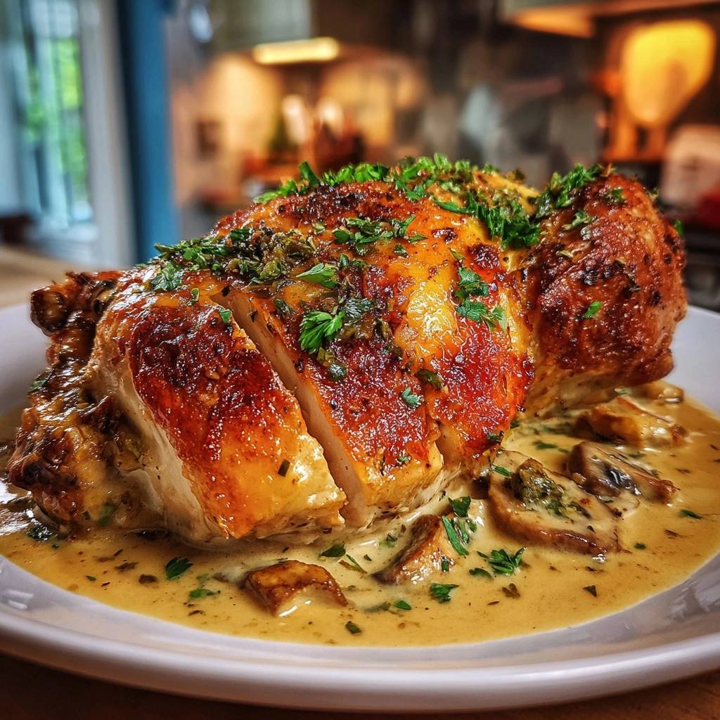 Saftiges Hähnchen mit cremiger Pilzsoße, angeschnitten und nah aufgenommen, mit frischer Petersilie garniert.