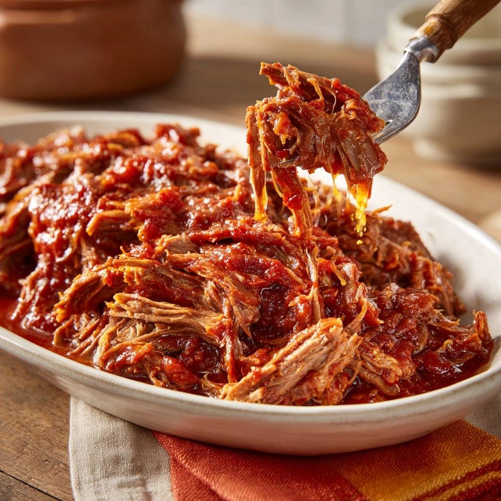 Saftiges Pulled Beef, das zart von einer Gabel abfällt, serviert in einer Schüssel mit Sauce.