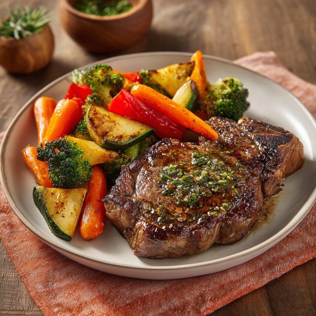 Saftiges Rindersteak mit Chimichurri und buntem Ofengemüse, serviert auf einem Teller mit Nahaufnahme