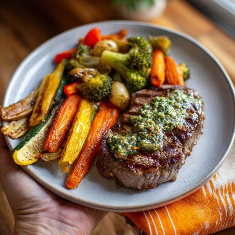 Saftiges Rindersteak mit Chimichurri und buntem Ofengemüse, serviert auf einem Teller mit einem orangenen Tuch.
