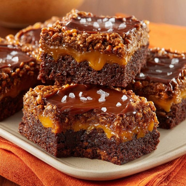 Salzkaramell-Pekannuss-Brownies als Nahaufnahme im Querschnitt mit geschmolzenem Schokoladenguss und Meersalzflocken.