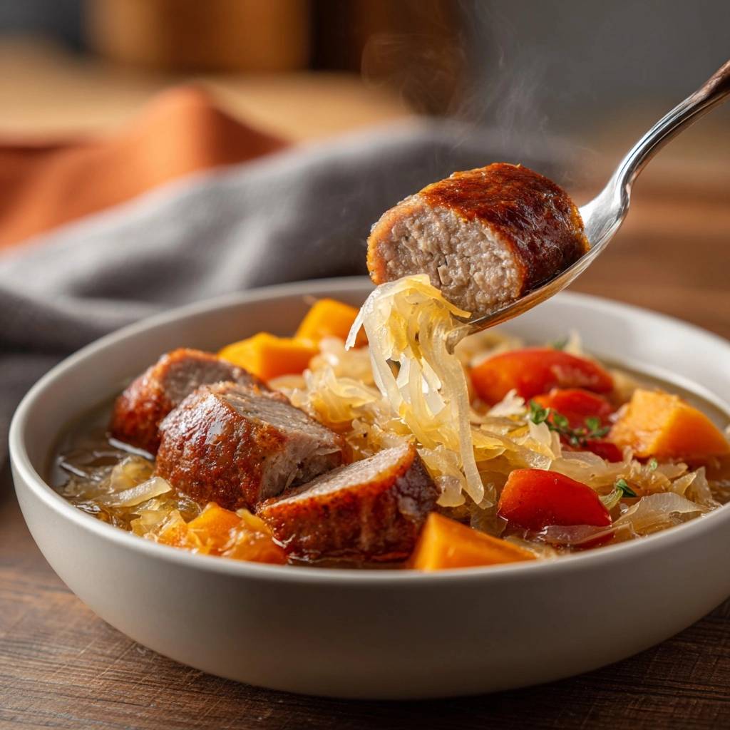 Herbstlicher Sauerkraut-Kürbis-Eintopf mit Würstchen, eine Portion wird mit einem Löffel herausgehoben, der Dampf aufsteigt.