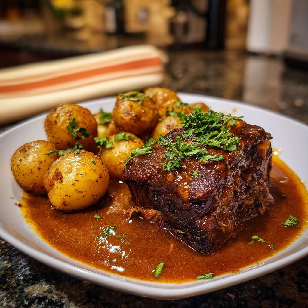 Deftiger Schmorbraten mit Rosmarin-Knusperkartoffeln, nahaufnahme der zarten Fleischportion in Sauce mit Petersilie garniert.
