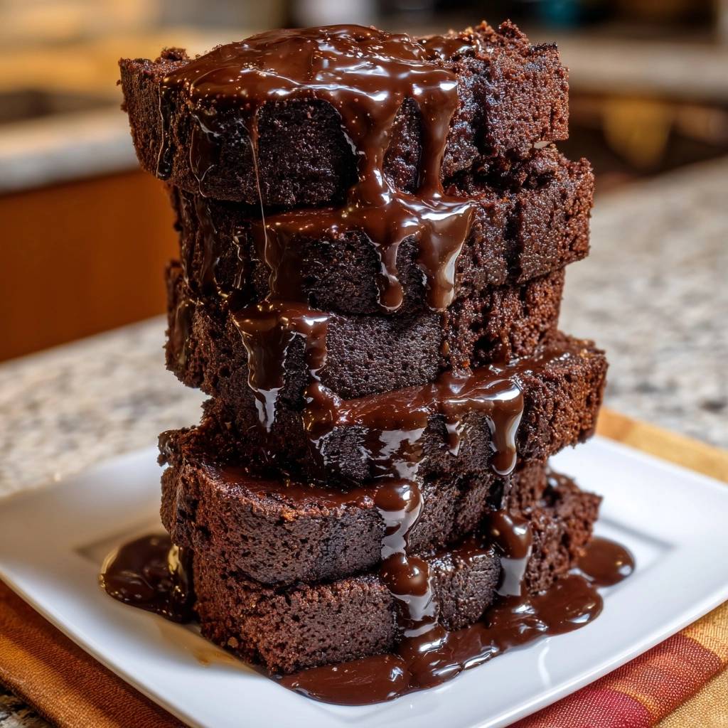 Saftige Schoko-Brownies als Turm mit reichlich flüssiger Schokoladenglasur, die über die Scheiben tropft.