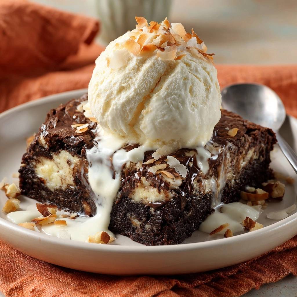 Saftige Schoko-Cheesecake-Brownies mit Kokos-Eis, angeschnitten im Teller mit geschmolzenem Eis und Kokosraspeln.