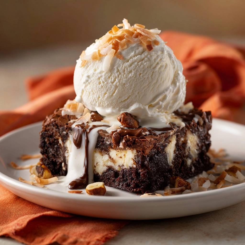 Saftige Schoko-Cheesecake-Brownies mit Kokos-Eis, als einzelnes Stück mit Eis und Schokoladensauce serviert.