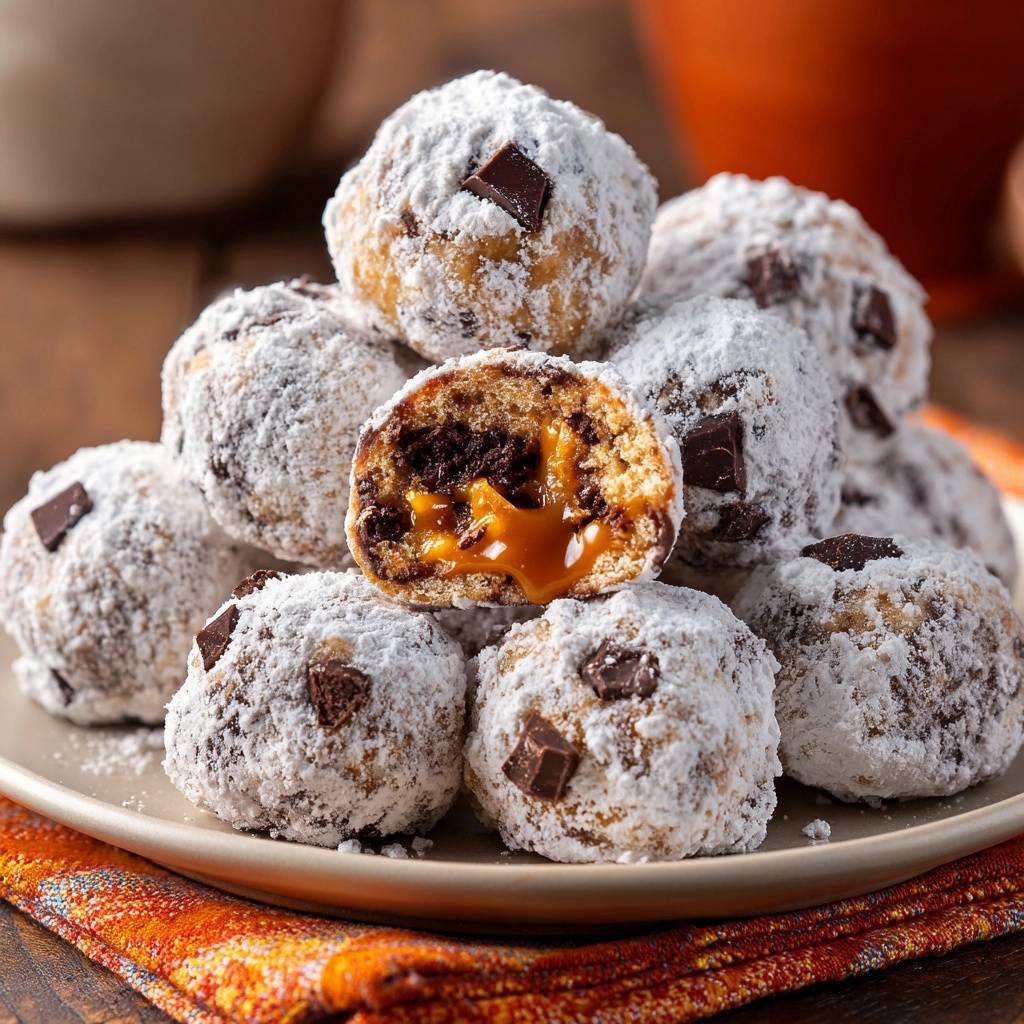 Schoko-Karamell-Kuchenbällchen angeschnitten, die einen flüssigen Karamellkern und Schokostückchen enthüllen.