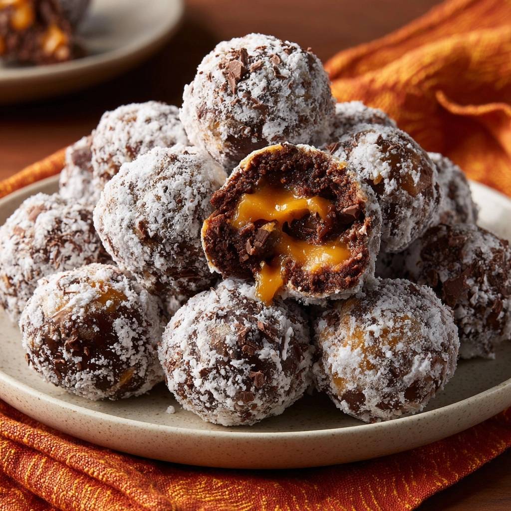Schoko-Karamell-Kuchenbällchen angeschnitten, die das flüssige Karamell im Inneren zeigen, bedeckt mit Kokosraspeln und Schokostückchen.