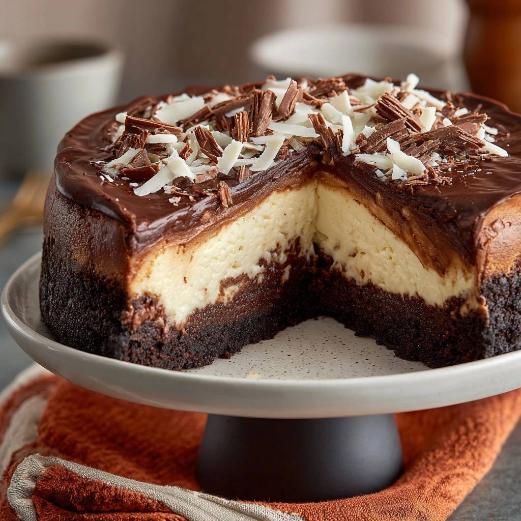 Schoko-Kokos-Cheesecake angeschnitten, zeigt cremige Füllung und dunklen Boden mit Schokostreuseln garniert.