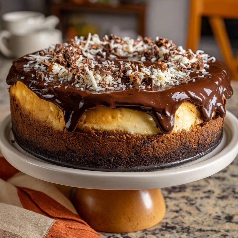 Schoko-Kokos-Cheesecake garniert mit dunkler Schokoladenglasur und Kokosraspeln, Nahaufnahme der Oberfläche.
