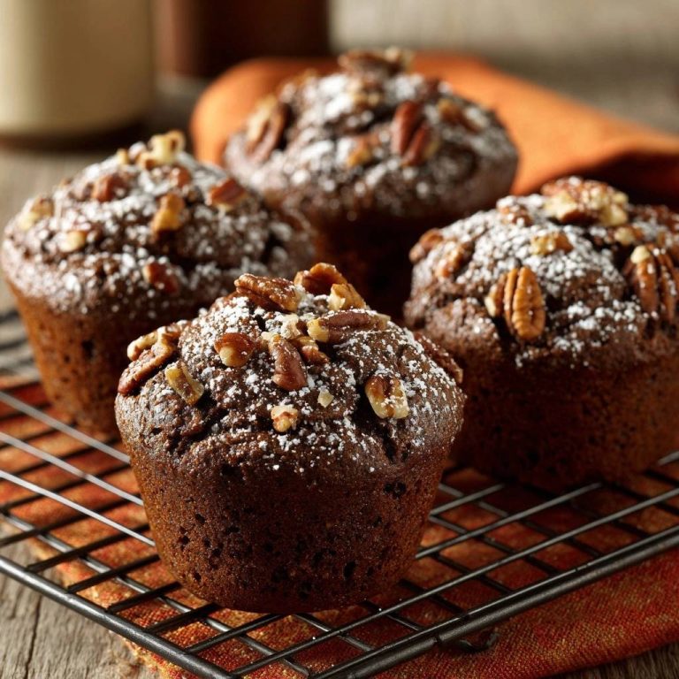 Schoko-Pekannuss-Muffins mit Puderzucker und Nüssen, die auf einem Kuchengitter frisch gebacken darauf warten, serviert zu werden.