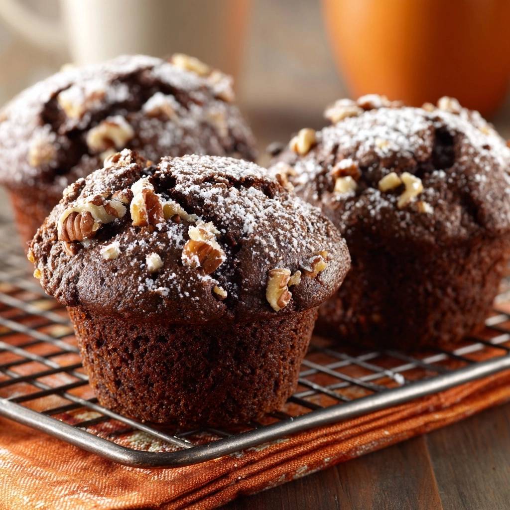 Schoko-Pekannuss-Muffins frisch gebacken und mit Puderzucker und Pekannüssen garniert auf einem Gitter
