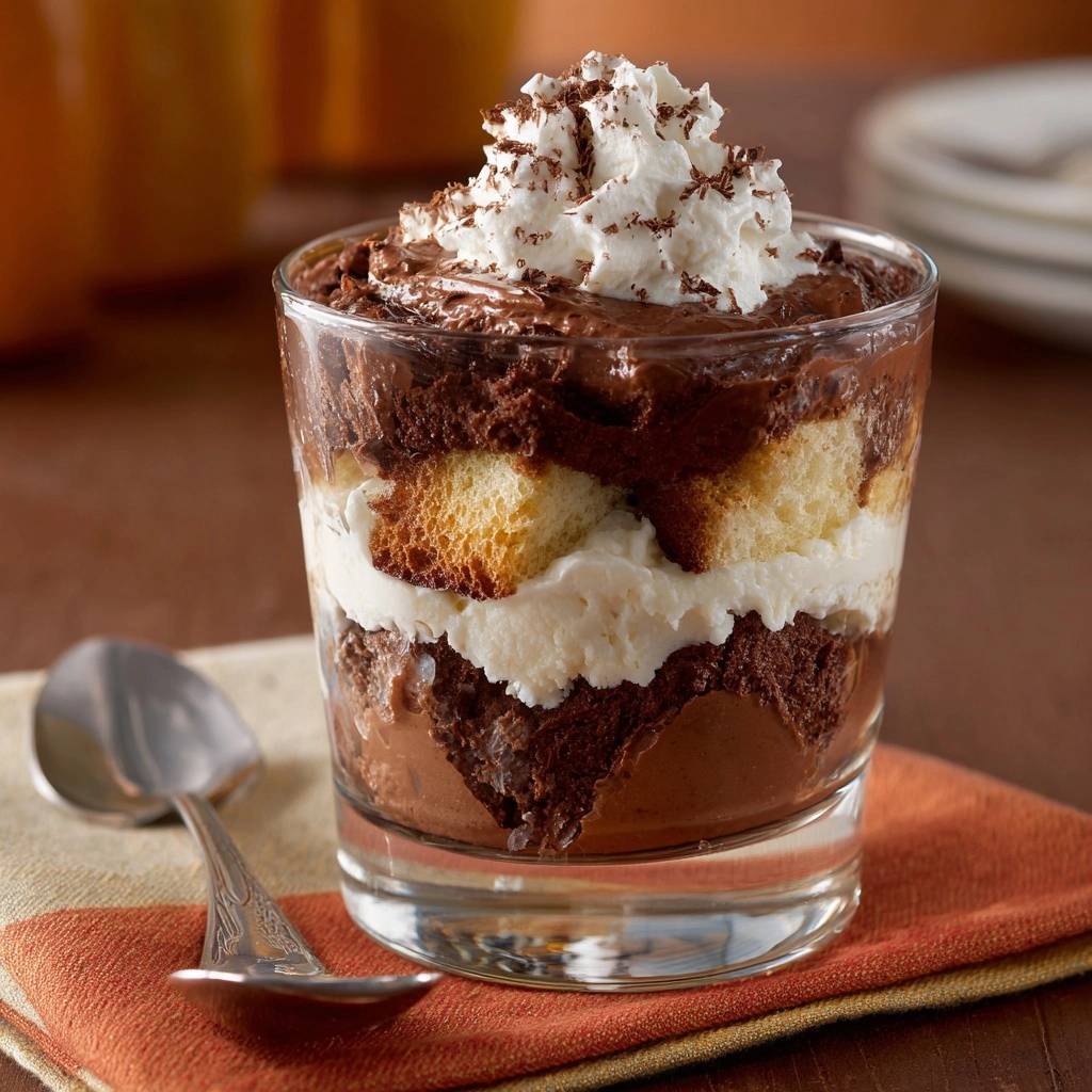 Schoko-Tiramisu im Glas mit Sahne und Schokostreuseln, Nahaufnahme der Schichten und Textur des Desserts.