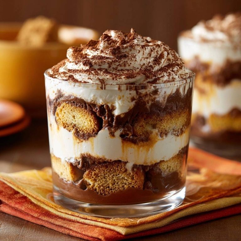 Schoko-Tiramisu im Glas als Nahaufnahme mit Schichten von Biskuits, Schokoladencreme und Sahne, bestäubt mit Kakao.