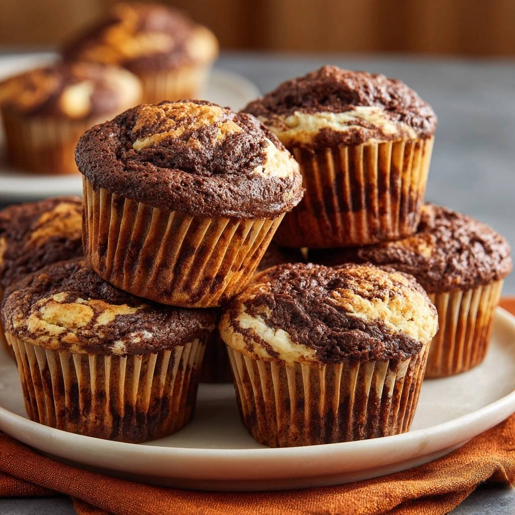 Schoko-Vanille-Marmor-Muffins, die auf einem Teller gestapelt sind und ihre marmorierte Textur zeigen