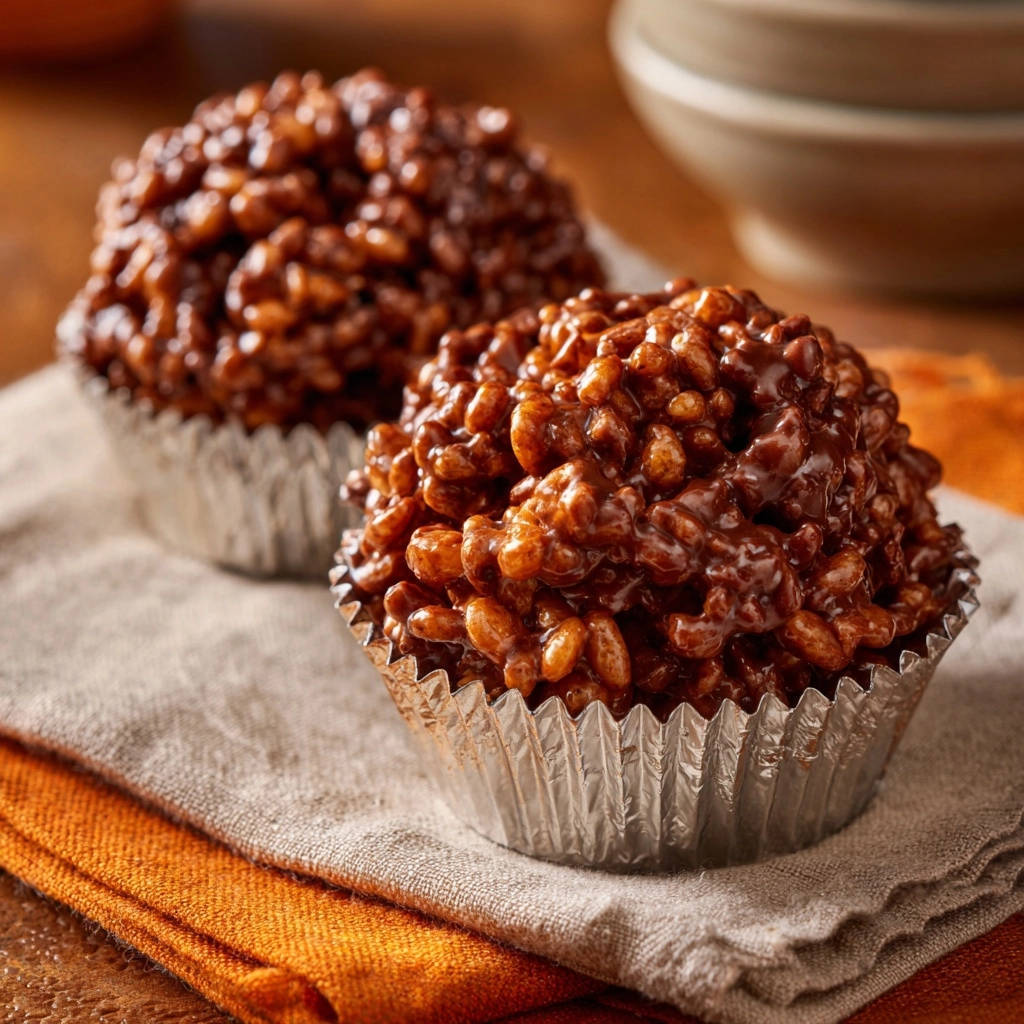 Schokoladen-Knusperhügel in silberner Muffinform, Nahaufnahme der glänzenden, schokoladigen Reispops auf einem rustikalen Untergrund.