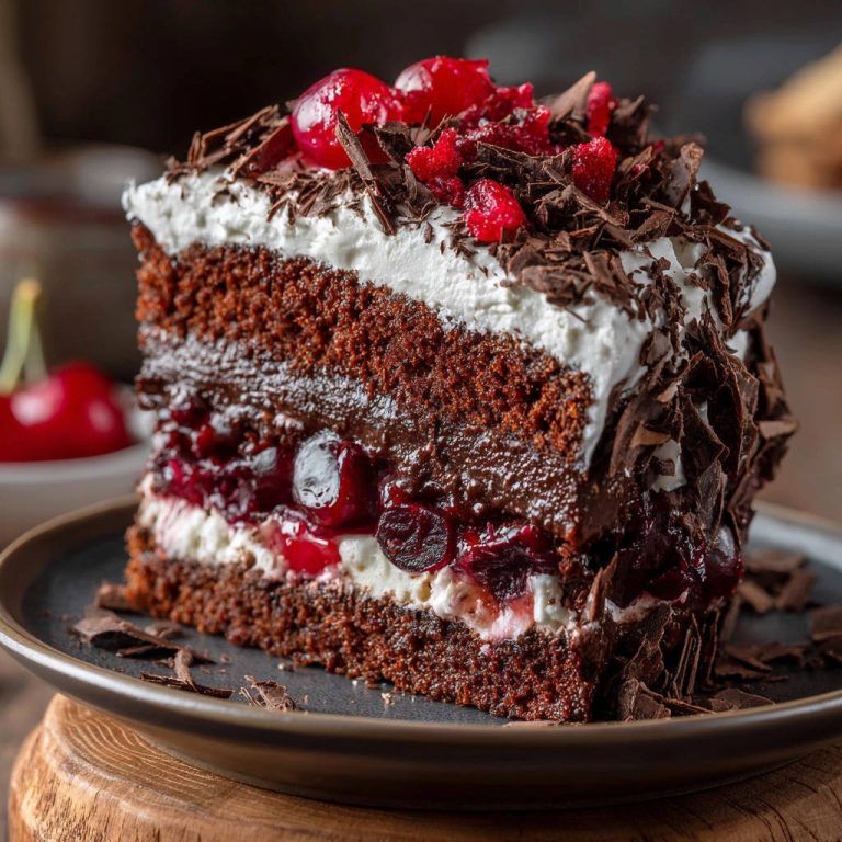 Schwarzwälder Kirschtorte als angeschnittener Querschnitt mit Schokoladenböden, Kirschen und Sahne, garniert mit Schokoraspeln und Kirschen.