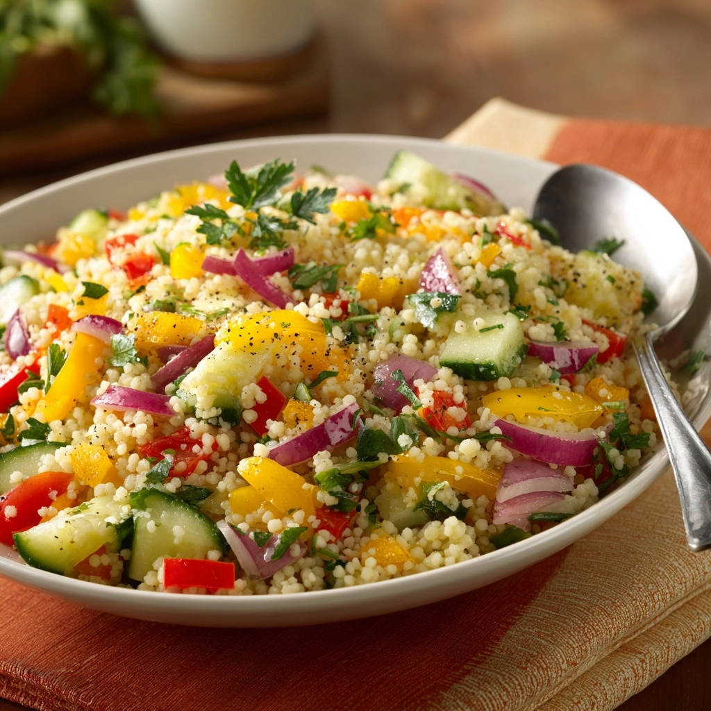 Frischer Sommer-Couscous-Salat mit bunten Gemüsestückchen und Kräutern in einer Schüssel serviert.