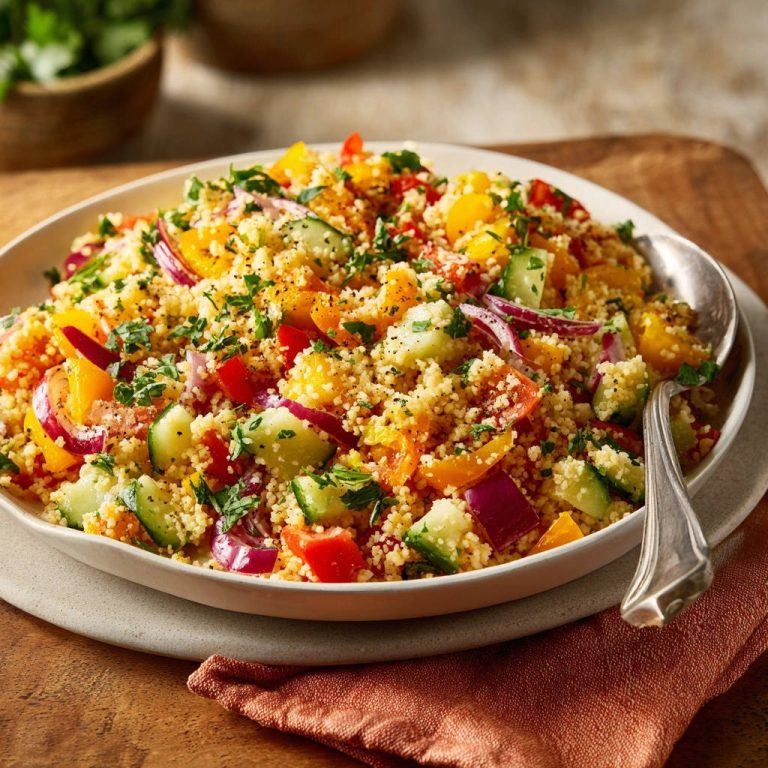 Frischer Sommer-Couscous-Salat als Nahaufnahme auf einem Teller mit bunten Gemüsestücken und frischer Petersilie garniert.