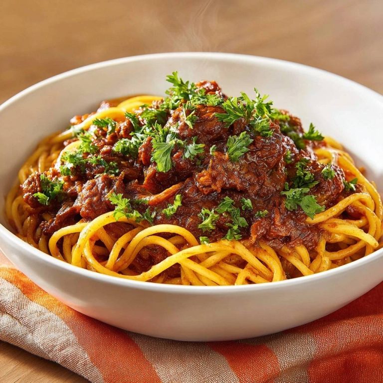 Spaghetti Bolognese mit frischen Kräutern garniert, serviert in einer weißen Schüssel mit dampfender Sauce.