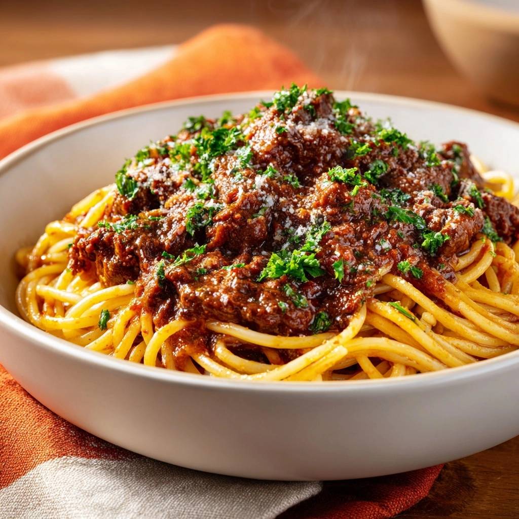 Spaghetti Bolognese mit einer reichhaltigen, fleischigen Soße und frischer Petersilie, nah aufgenommen und garniert.