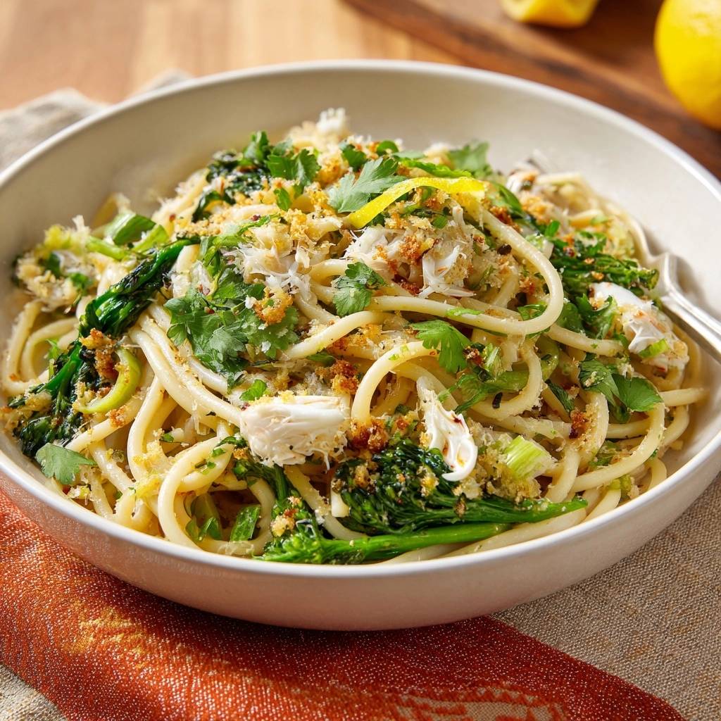 Spaghetti mit Brokkolirabe und knusprigen Garnelen, eine Nahaufnahme der Nudeln mit Garnelen und Kräutern.