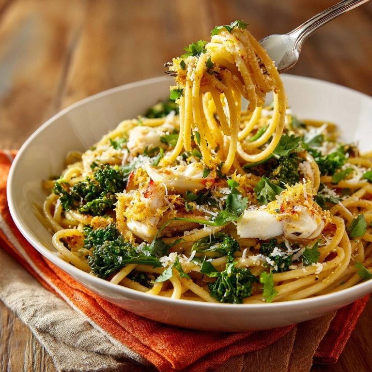 Spaghetti mit Brokkolirabe und knusprigen Garnelen, Nahaufnahme einer Gabel, die die Pasta aufnimmt