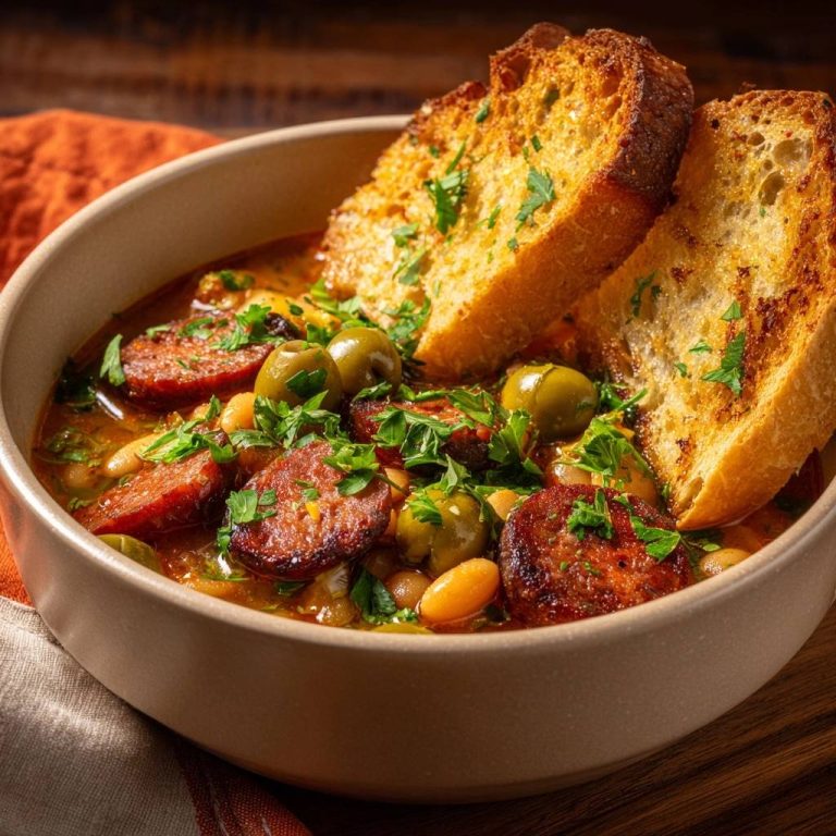 Spanischer Bohneneintopf mit Chorizo und Oliven, serviert mit geröstetem Brot und garniert mit Petersilie, Nahaufnahme.
