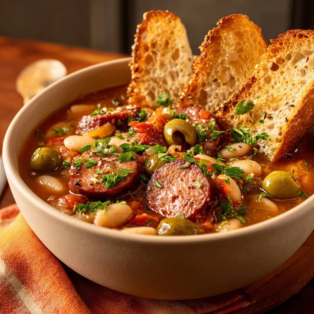 Spanischer Bohneneintopf mit Chorizo und Oliven, serviert mit geröstetem Brot und garniert mit frischer Petersilie.