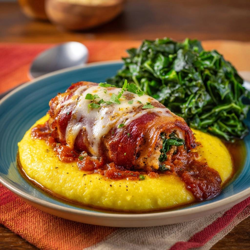 Speck-umwickeltes Hähnchen mit Spinatfüllung auf Polenta, nahaufnahme mit geschmolzenem Käse und Sauce.