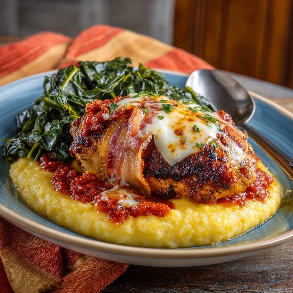 Speck-umwickeltes Hähnchen mit Spinatfüllung auf Polenta, serviert auf einem blauen Teller mit Spinat und Löffel.