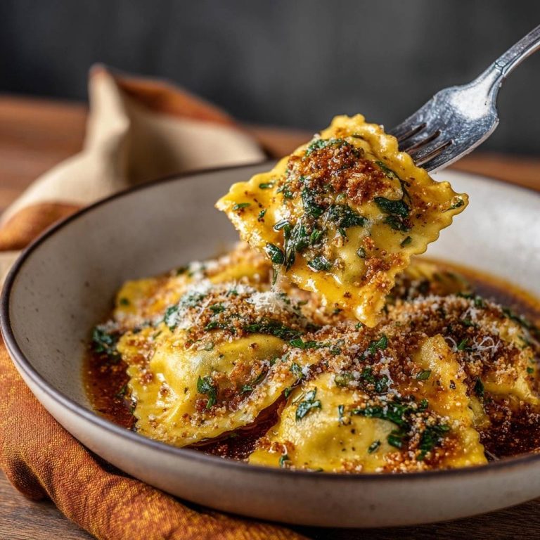 Spinat-Ravioli in goldbrauner Butter mit knusprigen Krümeln, eine Ravioli wird mit einer Gabel aus der Schüssel gehoben.