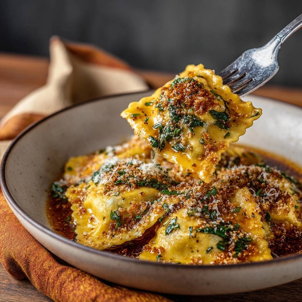 Spinat-Ravioli in goldbrauner Butter mit knusprigen Krümeln, eine Ravioli wird mit einer Gabel aus der Schüssel gehoben.