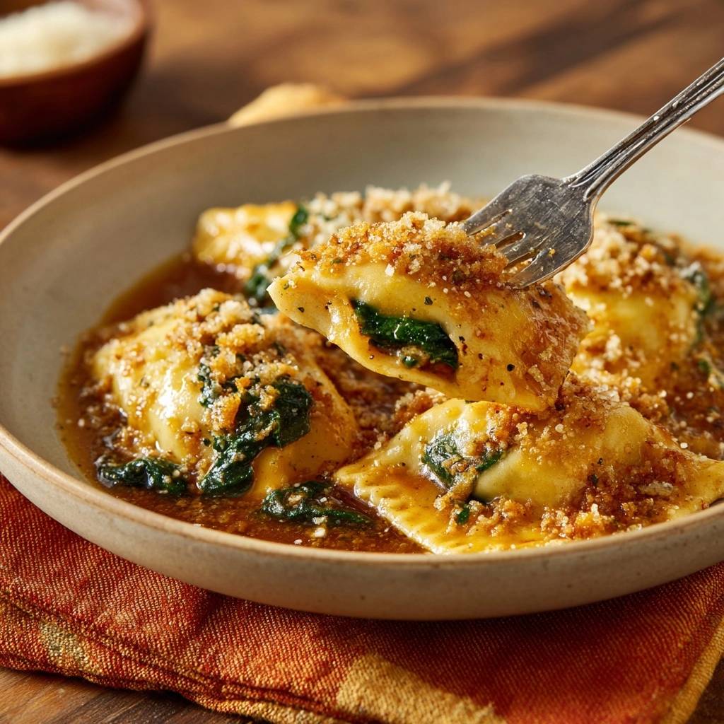 Spinat-Ravioli in goldbrauner Butter mit knusprigen Krümeln, eine Gabel hebt eine Ravioli an, um die Füllung zu zeigen.