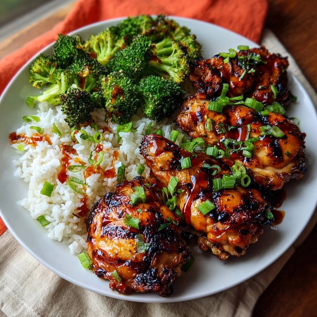 Sticky Gochujang-Hähnchen mit Brokkoli und Reis, serviert auf einem Teller mit Garnitur aus Frühlingszwiebeln.