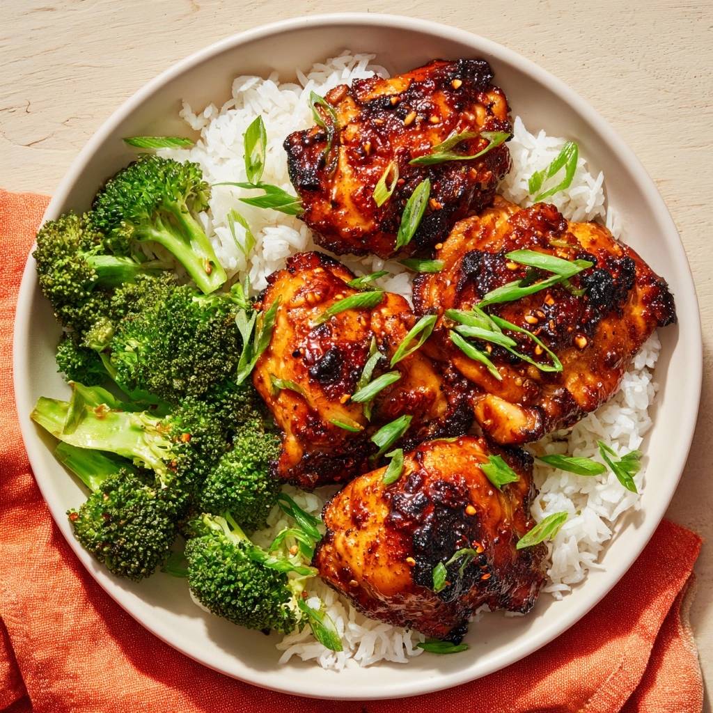 Sticky Gochujang-Hähnchen mit Brokkoli und Reis, serviert in einer Schüssel aus der Vogelperspektive mit Garnitur aus Frühlingszwiebeln.