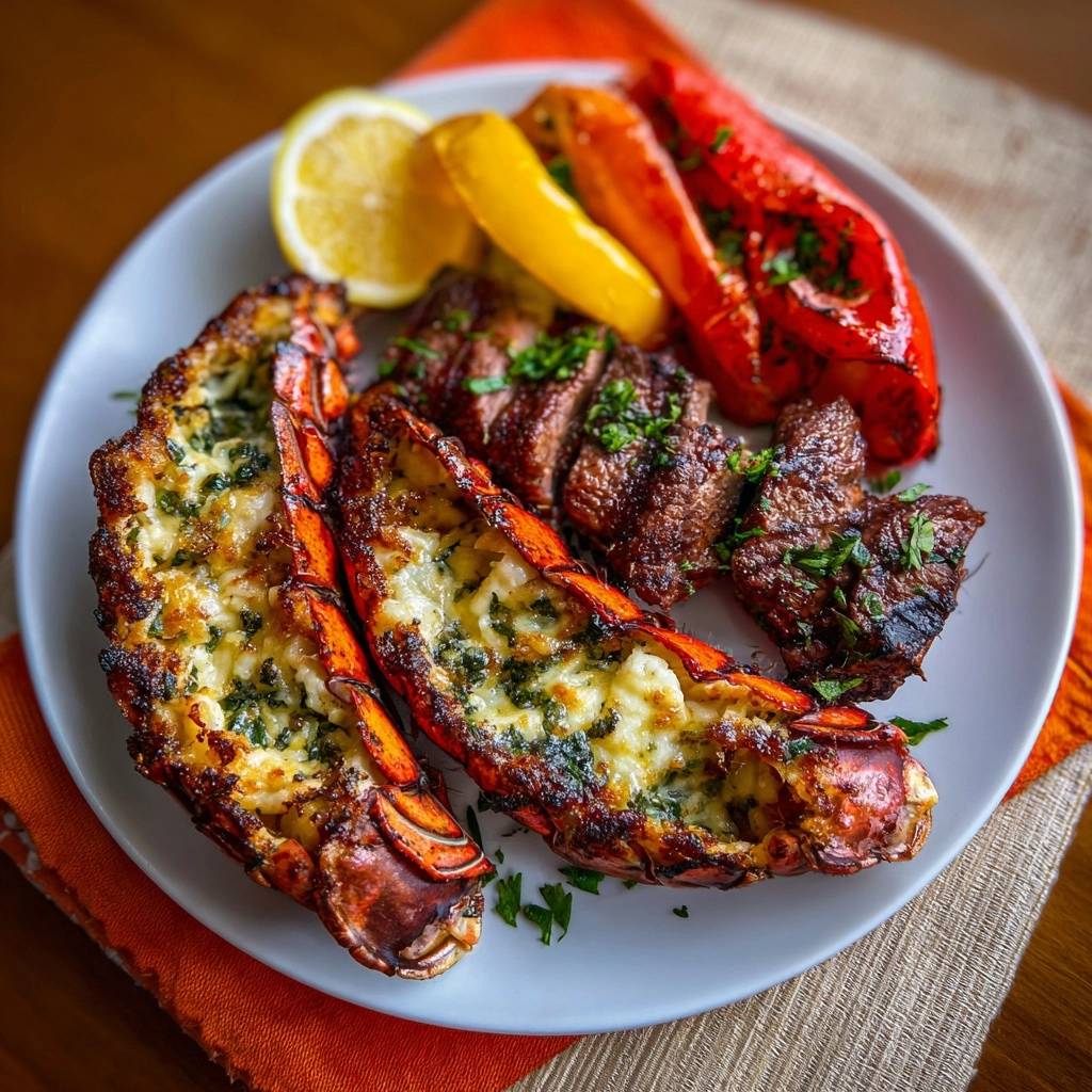 Surf & Turf: Gegrillte Hummerschwänze mit Rindersteak und Paprika, Nahaufnahme der gegrillten Hummerschwänze mit Käse und Kräutern