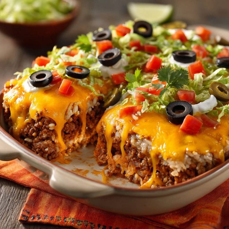 Taco-Reis-Auflauf angeschnitten, zeigt geschmolzenen Käse und die Schichten von Hackfleisch und Reis.