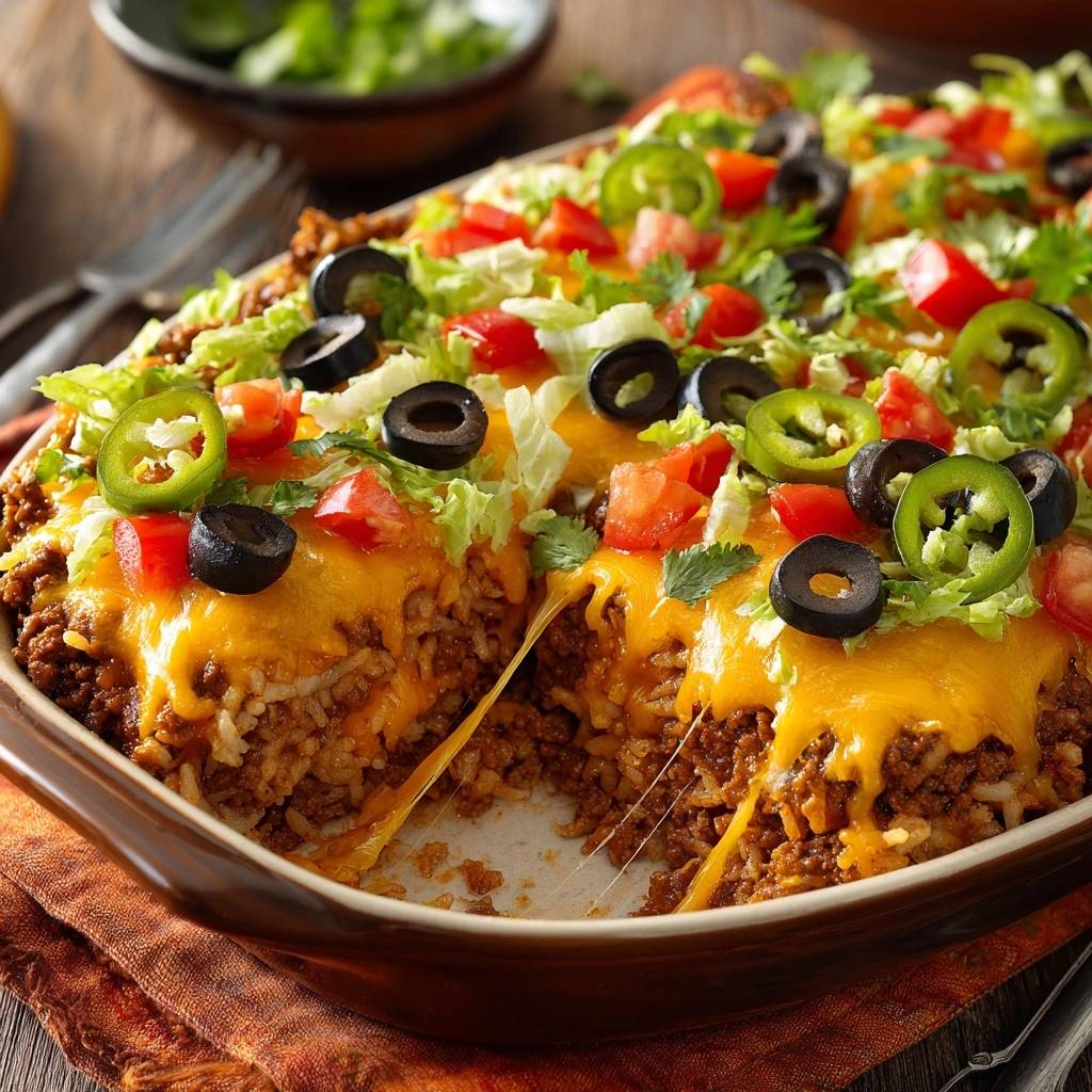 Taco-Reis-Auflauf angeschnitten mit schmelzendem Käse, Tomaten, Jalapeños und Salatgarnitur im Detail.