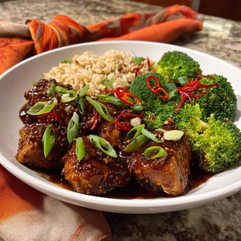 Knuspriger Teriyaki-Tofu mit Brokkoli und Reis, garniert mit Frühlingszwiebeln und Chiliringen auf einem weißen Teller.