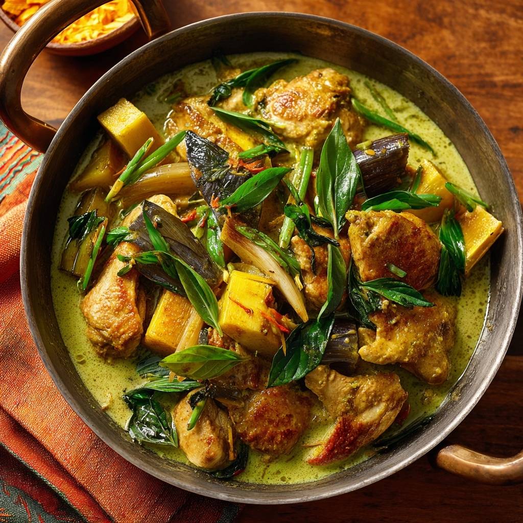 Thai grünes Curry mit Rind und Aubergine, eine Nahaufnahme der reichhaltigen und aromatischen Textur des Gerichts.