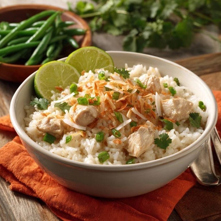 Thailändischer Kokos-Hühnerreis mit gebratenen Kokosraspeln und Frühlingszwiebeln garniert, serviert mit Limettenspalten.