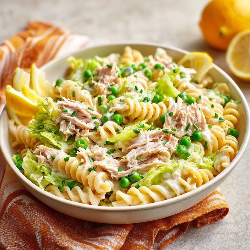 Frischer Thunfisch-Fusilli-Salat, nahaufnahme der Nudeln mit Erbsen, Thunfisch und garniert mit Schnittlauch.